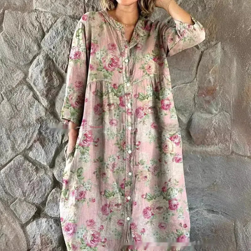 Women's Elegant Simple Floral Pattern Shirt Cotton and Linen Dress with Pockets