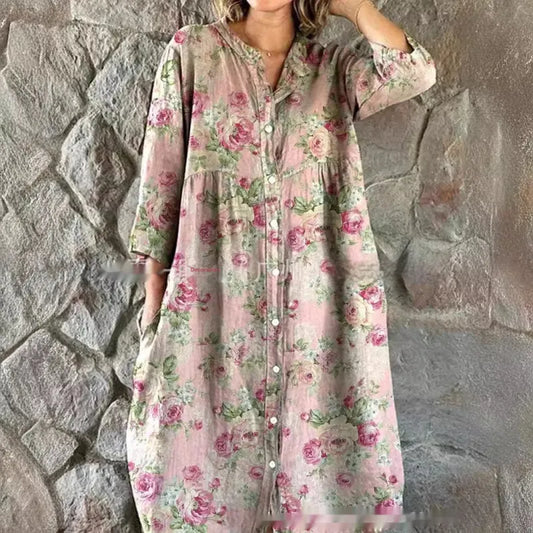 Women's Elegant Simple Floral Pattern Shirt Cotton and Linen Dress with Pockets