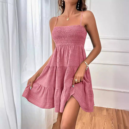 Summer Strap Solid Color Texture Short Dresses