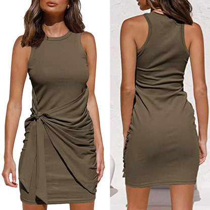 Women Simple Plain Sleeveless Drawstring Slim Round Neck Summer Casual Short Dress