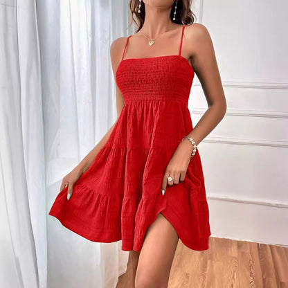 Summer Strap Solid Color Texture Short Dresses