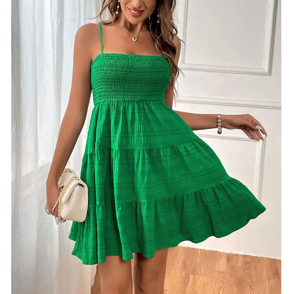 Summer Strap Solid Color Texture Short Dresses