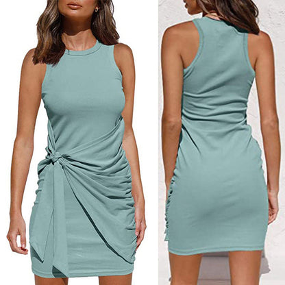 Women Simple Plain Sleeveless Drawstring Slim Round Neck Summer Casual Short Dress