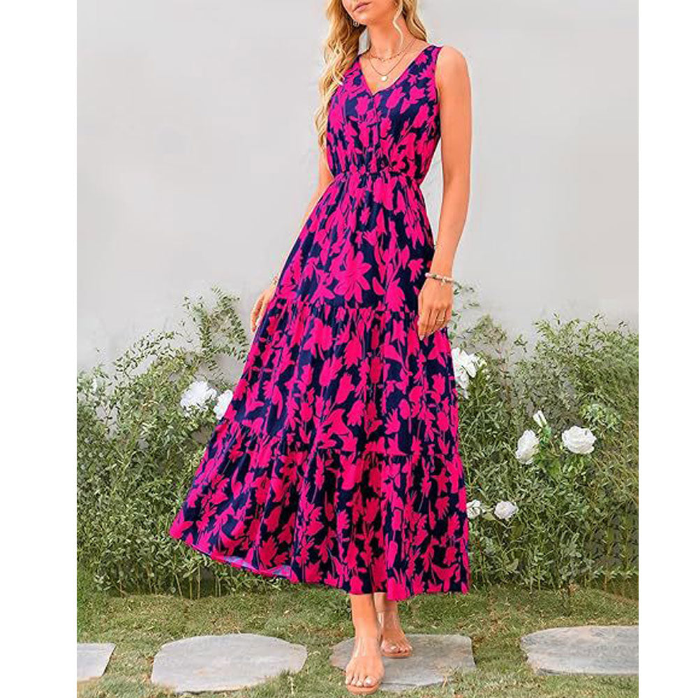 V-neck Elastic Waist Printed Casual Sleeveless Long Dresses