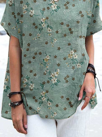 Women's Elegant Retro Floral Pattern Round Neck Cotton and Linen Top