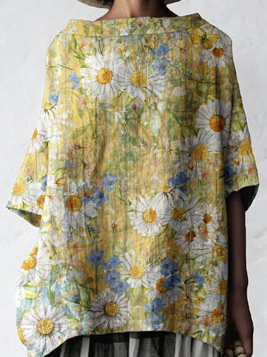 Women's Art Sunflower Floral Cotton and Linen Top