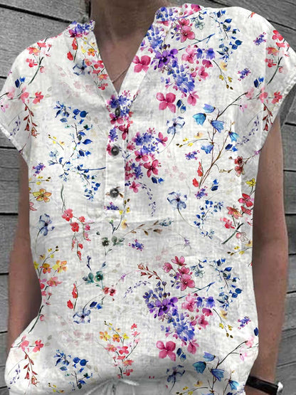 Women's Elegant Floral Classic Cotton and Linen Top