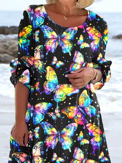 Women's Rainbow Butterfly Art Print Comfort Casual Dress