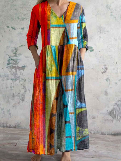 Women's V Neck Art Pattern Home Warm Colorful Cotton Linen Dress