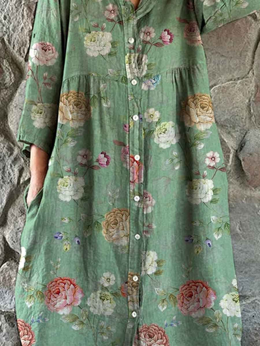 Women's Vintage Floral Pattern Shirt Style Cotton and Linen Dress