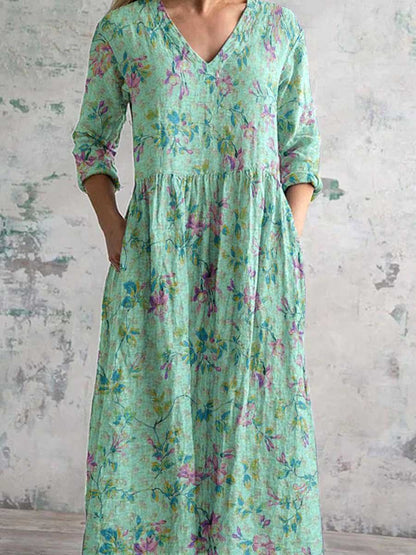 Women's Pastoral Floral V-Neck Cotton and Linen Dress with Pockets