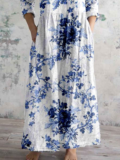 Women's Elegant Ink Painting Floral Pattern Cotton and Linen Dress with Pockets