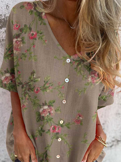 Women's Elegant Floral Shirt Style Cotton and Linen Top