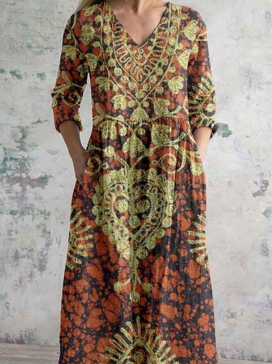 Women's Bohemian Pattern V-Neck Cotton and Linen Dress