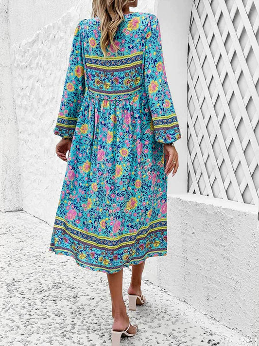 Women's Printed V-Neck Long Sleeve Dress