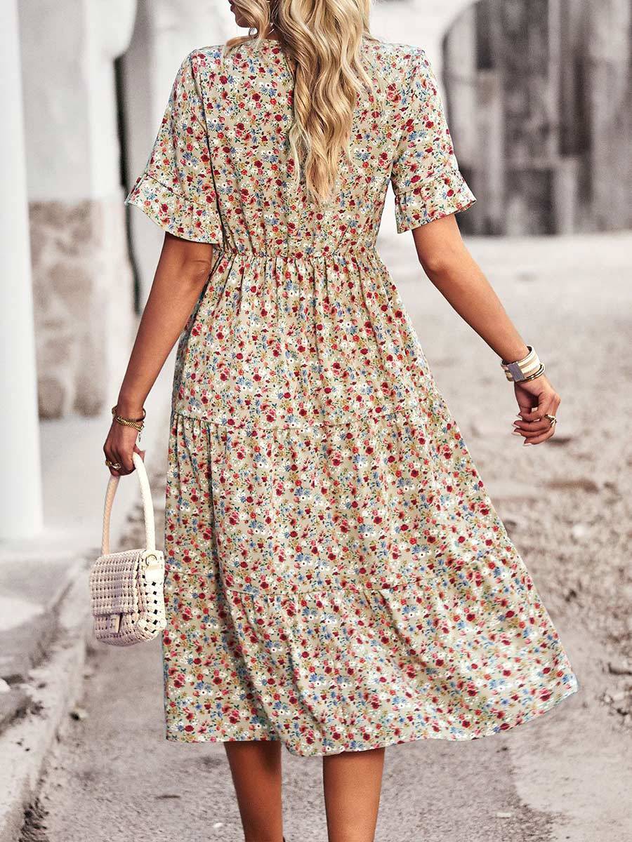 Women's Printed V Neck Short Sleeve Dress