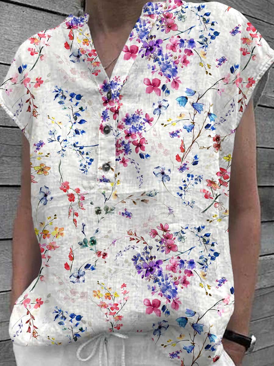 Women's Elegant Floral Classic Cotton and Linen Top