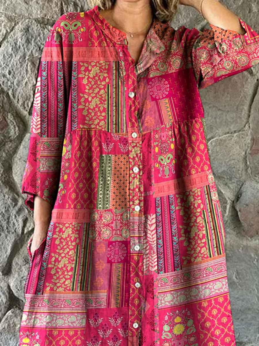 Women's Bohemian Ethnic Geometric Print Cotton And Linen Dress