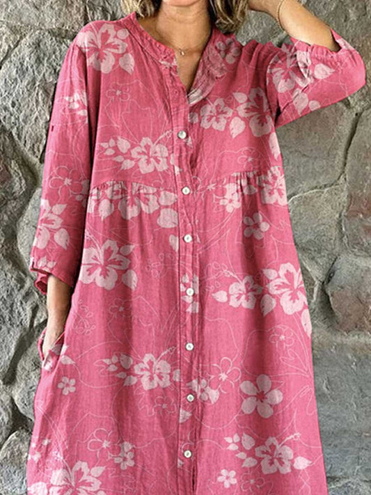 Women's Floral Sakura Print Cotton and Linen Shirt Dress