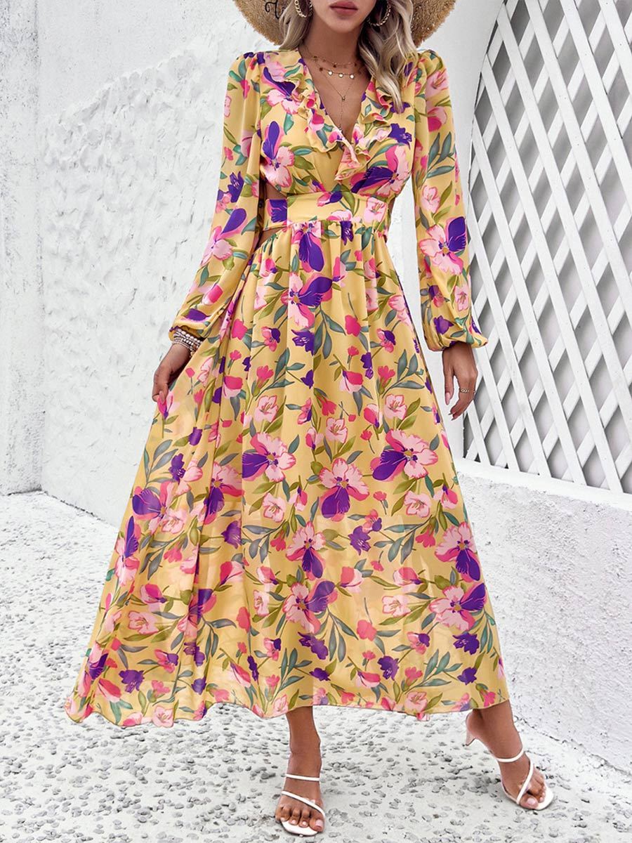 Women's Casual Printed V Neck Dress