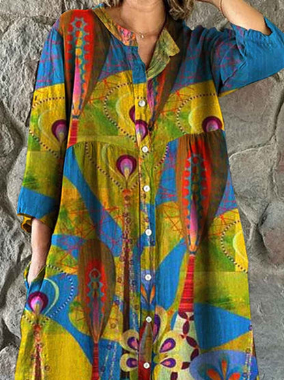 Women's Retro Art Geometric Split Color Pattern Shirt Style Cotton and Linen Dress