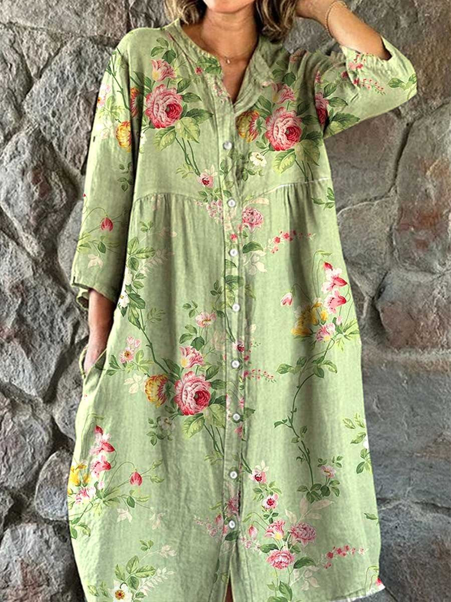 Women's Rose Floral Pattern Cotton and Linen Shirt Dress