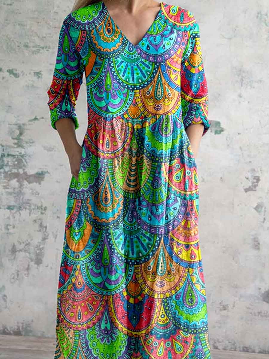 Women's V-neck Colorful Mandala Pattern Cotton And Llinen Dress