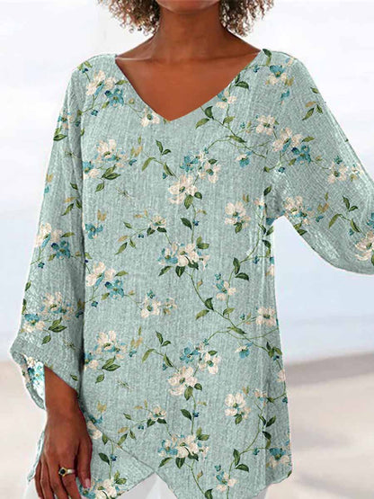 Women's V-neck Elegant Floral Cotton and Linen Top