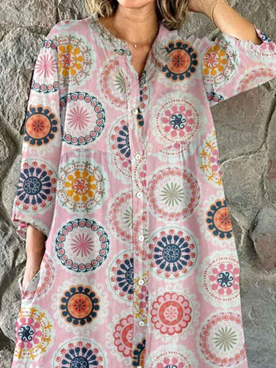 Women's Elegant Boho Pattern Shirt Style Cotton and Linen Dress