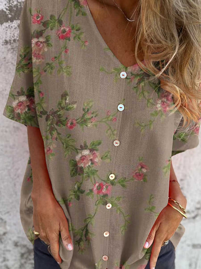 Women's Elegant Floral Shirt Style Cotton and Linen Top