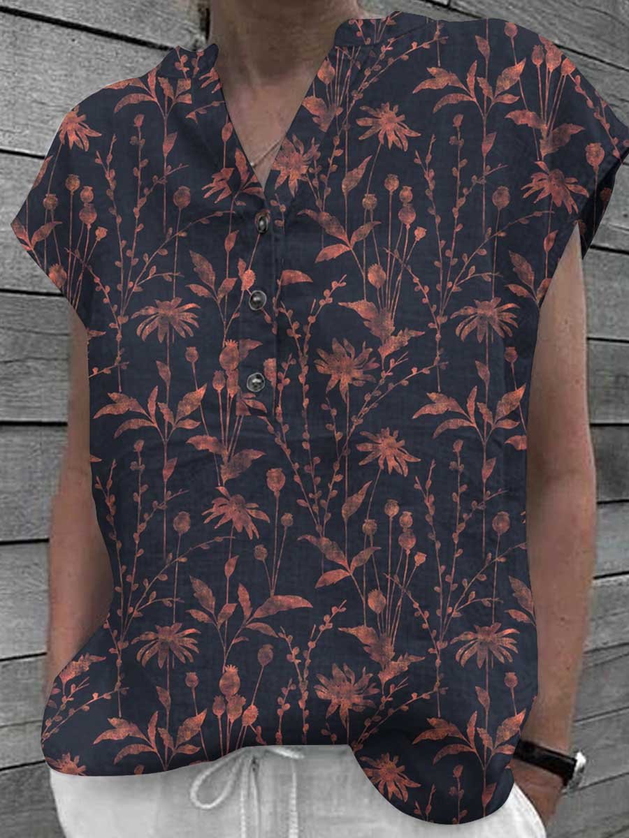 Women's Classic Floral Pattern V-Neck Cotton and LinenTop