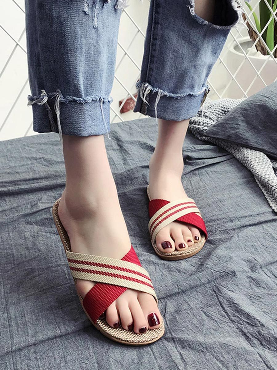 Women's Colorblock Linen Thick Sole Non-Slip Home Slippers