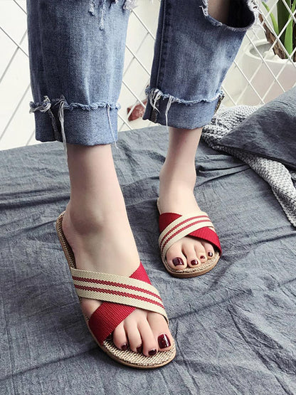 Women's Colorblock Linen Thick Sole Non-Slip Home Slippers