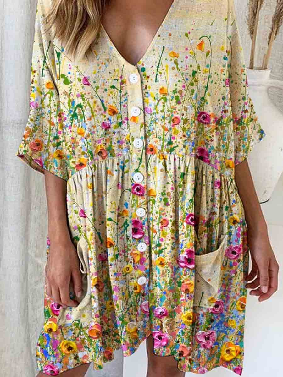 Women's Art Oil Painting Floral Print Cotton And Linen Dress