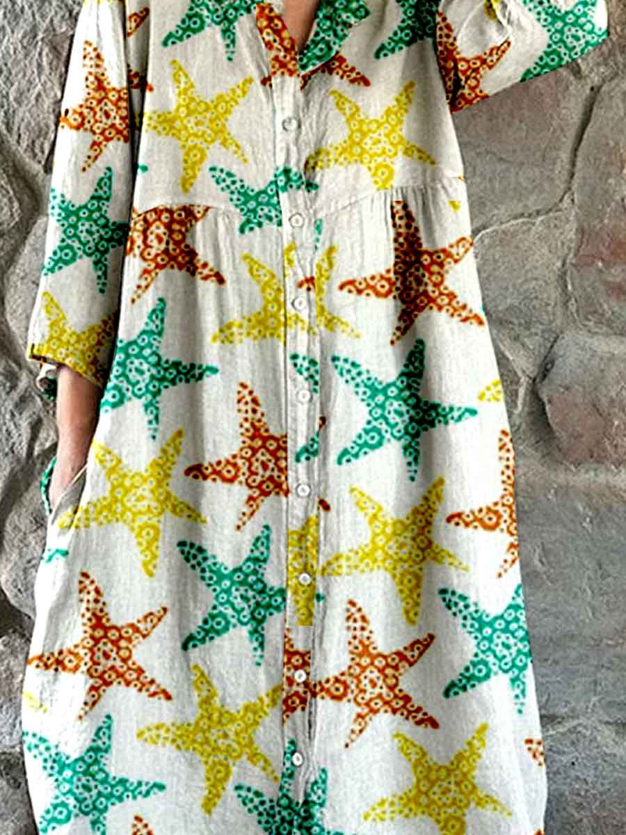 Women's Summer Fun Underwater World Starfish Pattern Shirt Style Cotton And Linen Dress