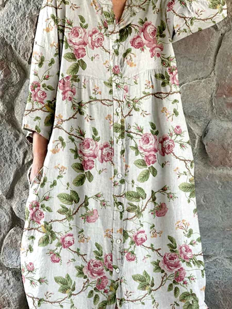 Women's Elegant Simple Rose Floral Stripe Pattern Cotton and Linen Shirt Dress