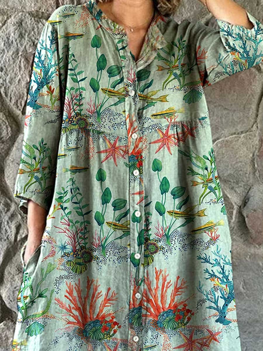 Women's Underwater World Seaweed Print Elegant Simple Shirt Cotton And Linen Dress