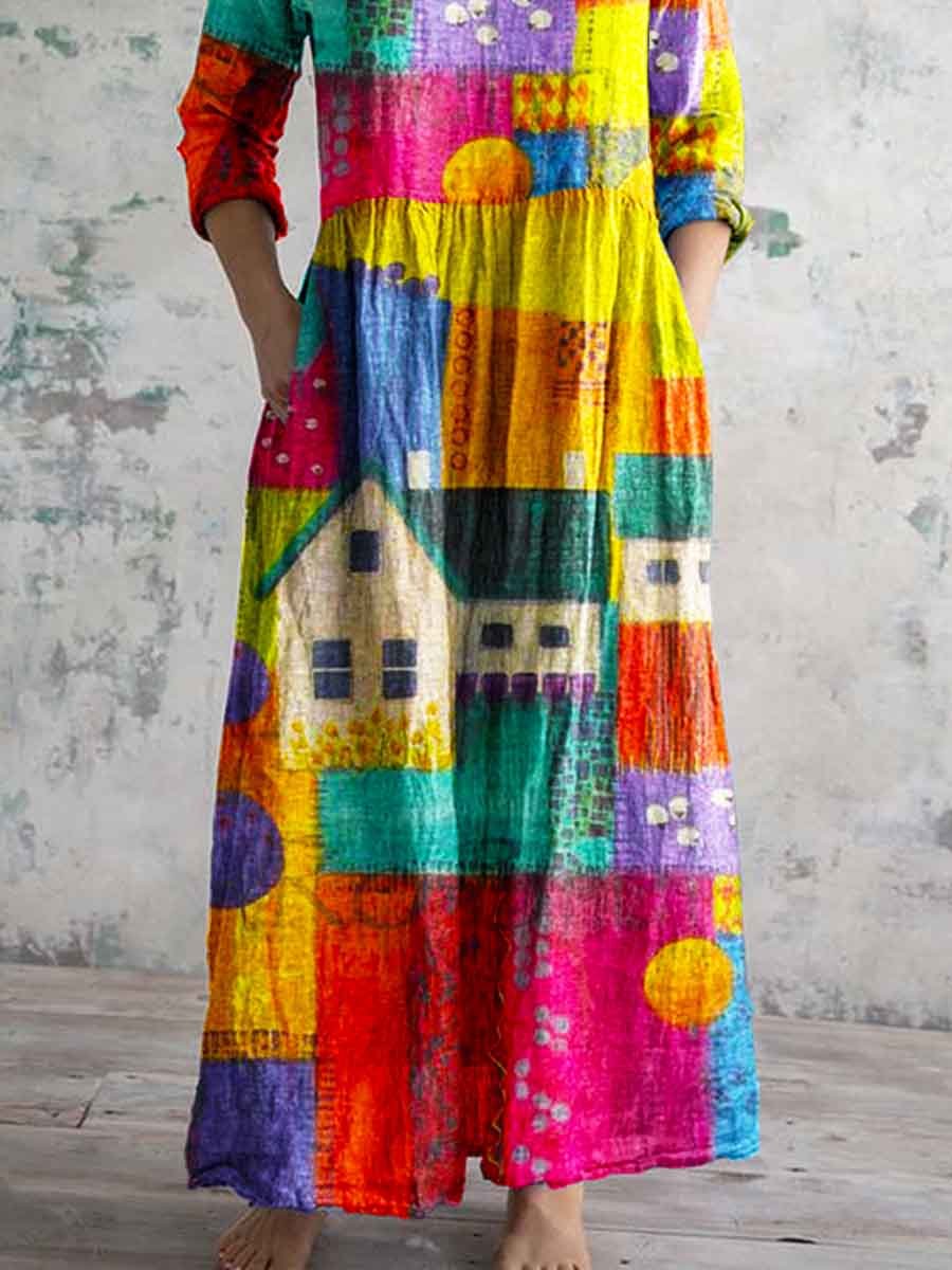 Women's V-neck Artistic Ccolorful Pattern Cotton And Linen Dress