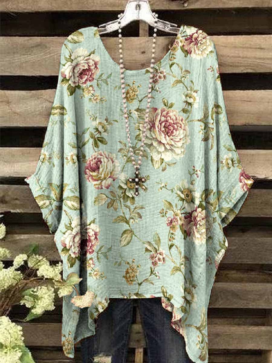 Women's Elegant Simple V-Neck Floral  Cotton Top