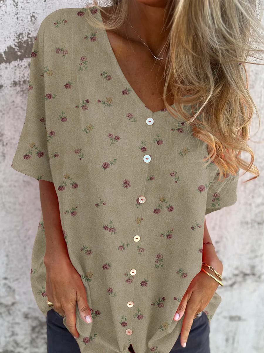 Women's Elegant Retro Floral Pattern Round Shirt Style Cotton and Linen Top