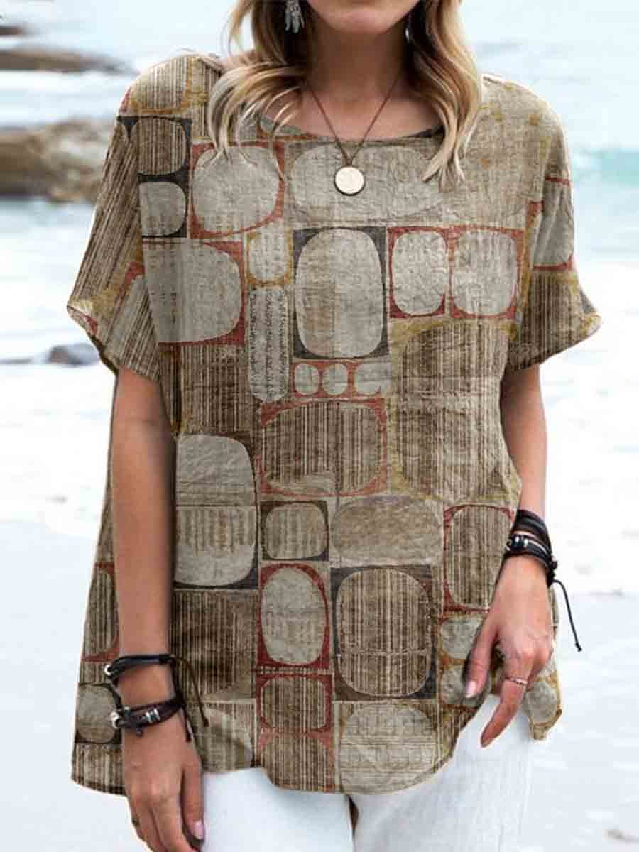 Women's Retro Art Geometric Pattern Printed Linen Top