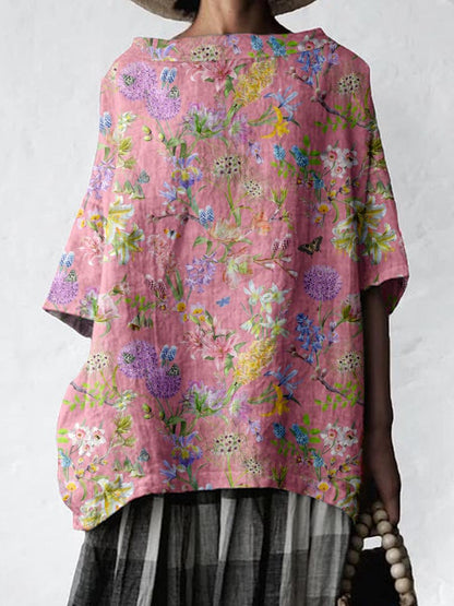 Women's Artistic Elegant Floral Cotton and Linen Top