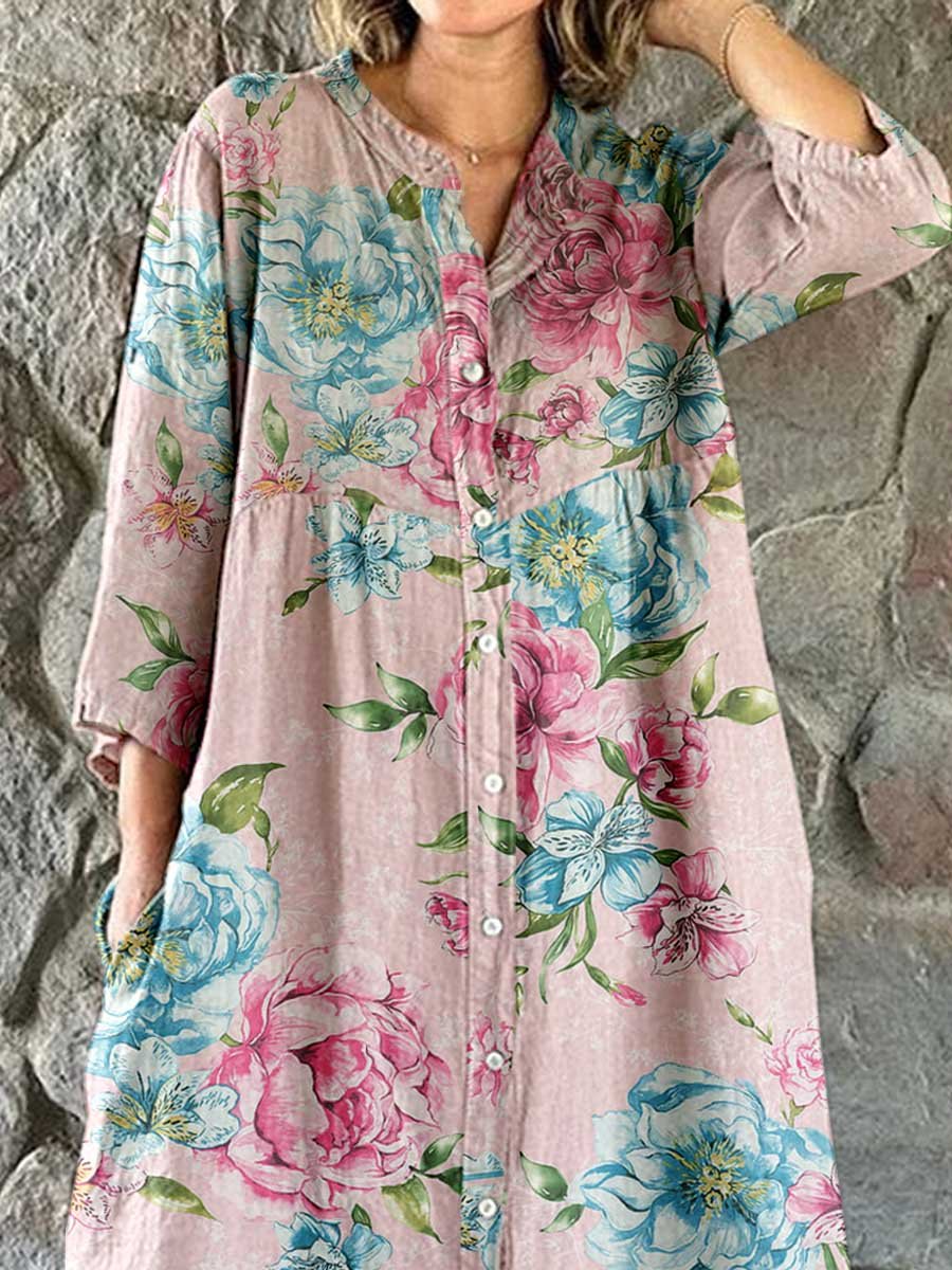 Women's  Rose Floral Art Print Cotton and Linen Shirt Dress