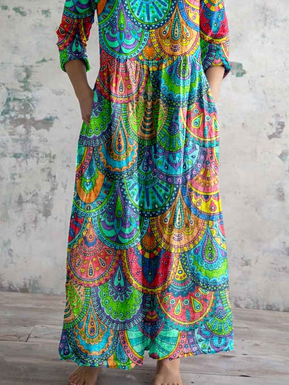 Women's V-neck Colorful Mandala Pattern Cotton And Llinen Dress