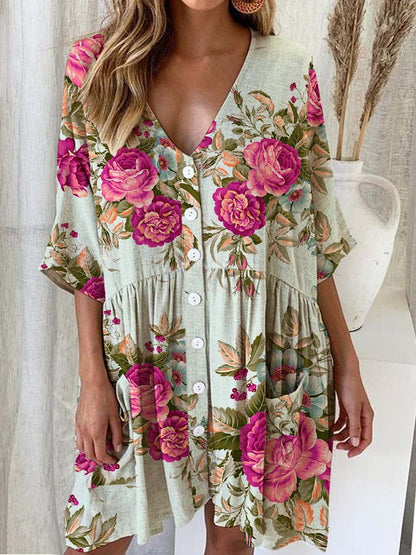 Women's Elegant Rose Floral Print Cotton and Linen Dress