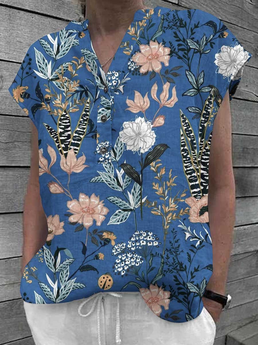 Women's Elegant Floral Classic Cotton and Linen Top