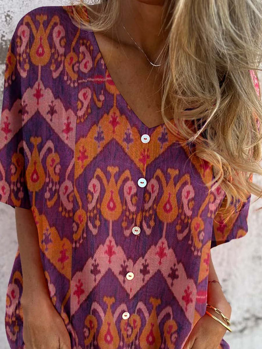 Women's Classic Bohemian Geometric Shirt Style Cotton and Linen Top