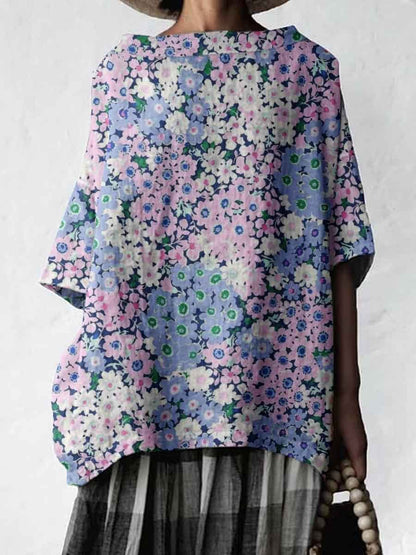 Women's Elegant Floral Cotton and Linen Top