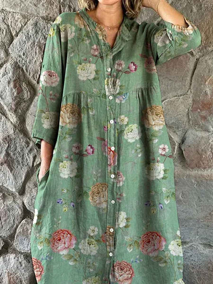 Women's Vintage Floral Pattern Shirt Style Cotton and Linen Dress