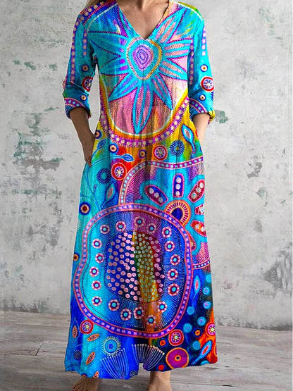 Women's V-Neck Colorful Bohemian Geometric Pattern Cotton And Linen Dress With Pockets